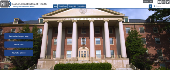 An image of the NIH Virtual Tour website, with NIH Building 1 in the background