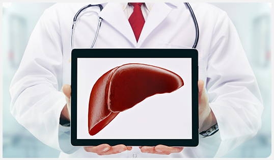 A doctor holding an ipad with an image of a liver