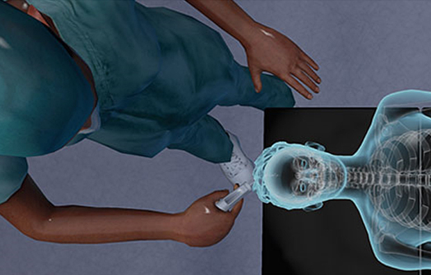 A screenshot from the Surgery of the Future app of a virtual surgeon performing a procedure.