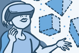 Illustration of  child using a virtual reality game to touch shapes