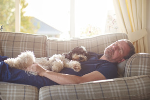 Man napping during daytime on the couch with a dog on stomach