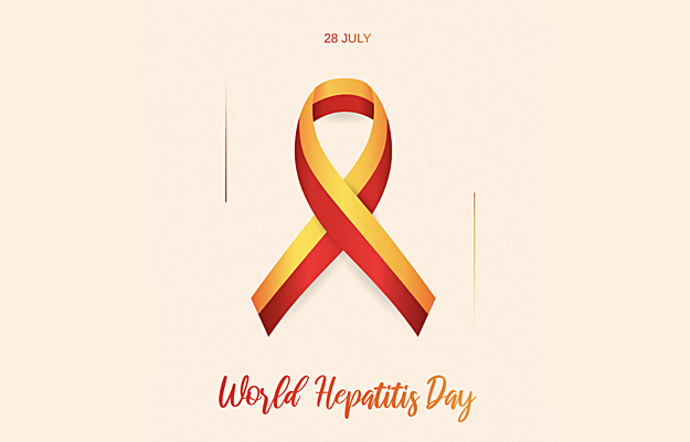 An illustration of a red and yellow awareness ribbon with text that reads "28 July" above and "World Hepatitis Day" below.