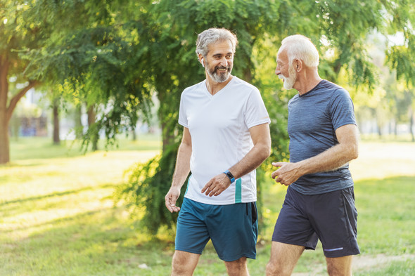 Two senior men walking and talking in the park