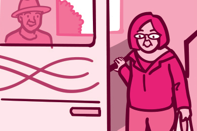 Illustration of an older adult getting off the bus