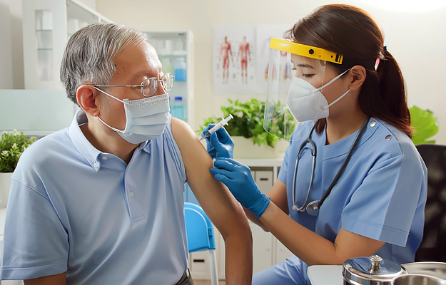 A nurse giving a vaccination to a senior man.