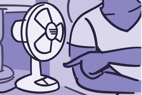 Illustration of a man turning on a fan while getting into bed
