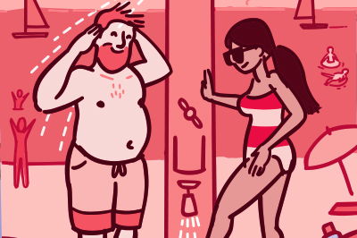 Illustration of a man and a woman rinsing off in a shower on the beach