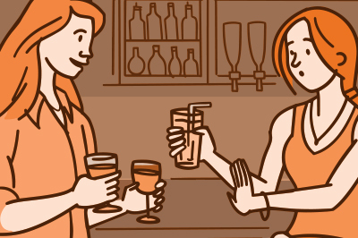 Illustration of a woman declining a drink offered by her friend