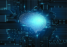 Illustration of a brain on a circuit board, with one area brightened