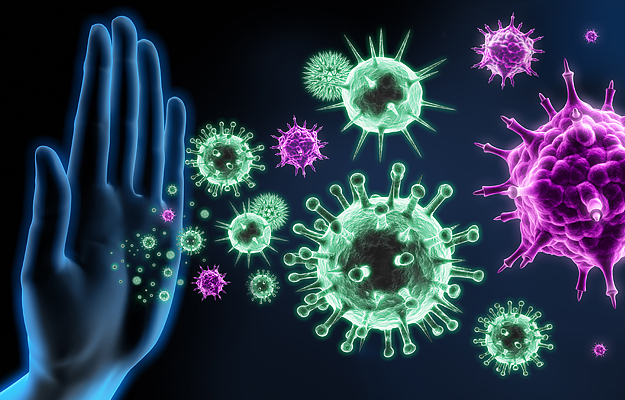 An illustration of a hand pushing away viruses.