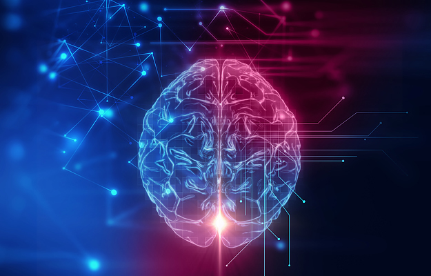 An illustration of a human brain with an artificial intelligence background.