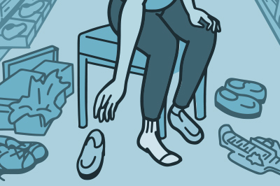 Illustration of a woman at a shoe store trying on shoes.