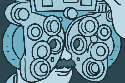 Illustration of a person getting a refractive eye exam. 