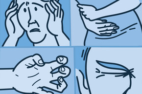 Four panels illustrating different uses for botox: headache, stomach pain, fingers curled, eye wrinkles.