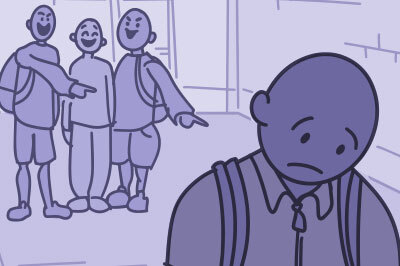 Illustration of a group of kids laughing and pointing at another kid in the school hallway.