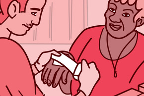 Illustration of a person bandaging a womans hand