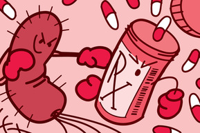 Illustration of a bacterium boxing with a prescription bottle