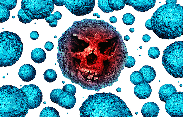 An illustration of a bacterium with a skull face.