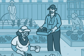 Illustration of people collecting soil in a community garden.