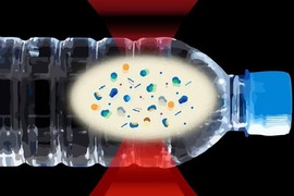 Illustration of light shining through a plastic bottle with a magnified view showing various plastic particles of different sizes and shapes.