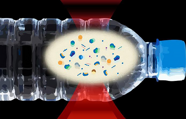 An illustration of light shining through a plastic bottle with a magnified view showing various plastic particles of different sizes and shapes.