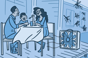 Illustration of a family eating outside using a fan to protect against mosquitoes.