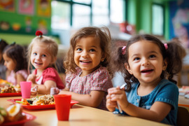 Group of AI-generated preschoolers sitting in the school cafeteria eating lunch.