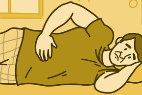 Illustration of a man lying on his side in pain with his hand on his stomach