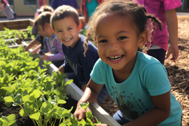 AI-generated young children tending to plants in a community garden.