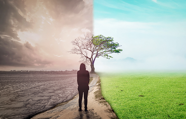 A person standing on a road between a bleak, desolate area and a lush, green area.