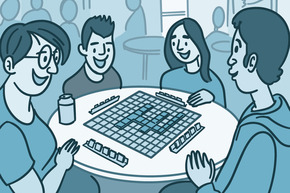 Illustration of a group playing board a game together at a community center.