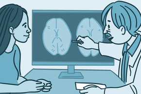 Illustration of a doctor showing a patient an MRI of their brain.