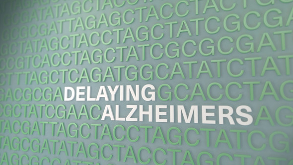 A large field of C, T, G, A letters with the words "Delaying Alzheimers" in the middle