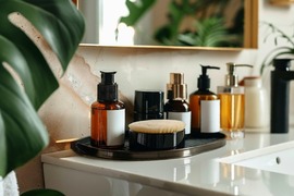 Various personal care products in a bathroom.