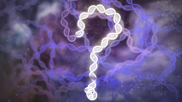 A field of DNA strands. One glowing strand is in the shape of a question mark