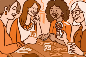 Illustration of four woman having lunch, one holding a fan.