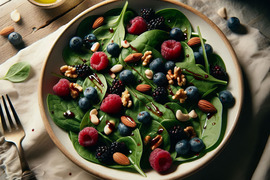 Fresh spinach salad with strawberries, blueberries, raspberries, and assorted nuts.