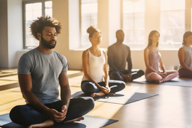 Diverse group meditating in a yoga studio.