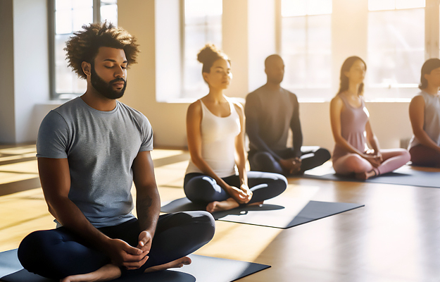 A diverse group of people meditating in a yoga studio.