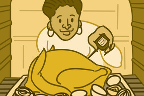 Illustration of a woman taking the temperature of a turkey in the oven.