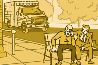 Illustration of a man sitting on a park bench with his hand on his head waiting for an ambulance, with a person comforting him.