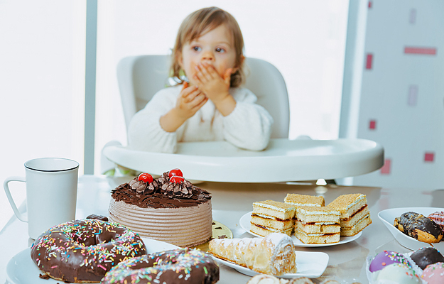 A toddler in a high chair eating cake, with an assortment of cakes and pastries on a table in the foreground.