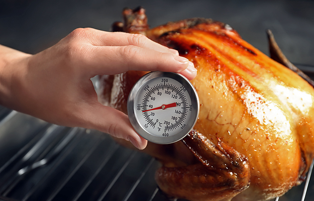 A close-up of someone measuring the temperature of a whole turkey with a meat thermometer.