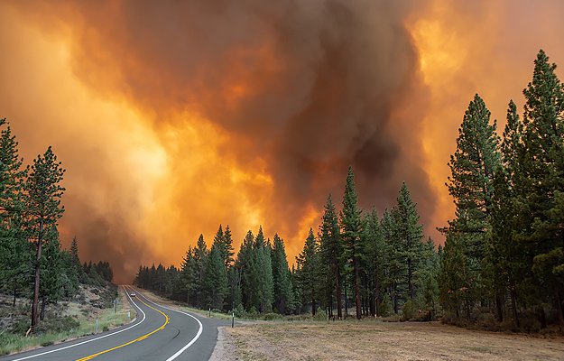 A lone car far in the distance travels on a highway away from a large, blazing forest fire.