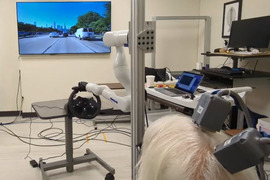 Man with two devices implanted in his brain before a bionic arm controlling a steering wheel and a screen showing traffic.