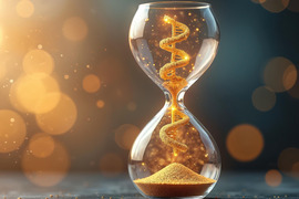 Illustration of an hourglass intertwined with a DNA helix.