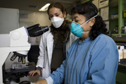 Two female researchers in surgical masks in lab work with microscope