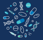An illustration of cancer prevention agents, e.g., medications, syringes, DNA structures.