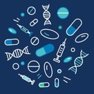 Line drawing of DNA structures, syringes, and medications in pill and capsule form.