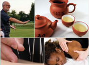 A collage of complementary medicine images including tai chi, green tea, acupuncture, and massage.